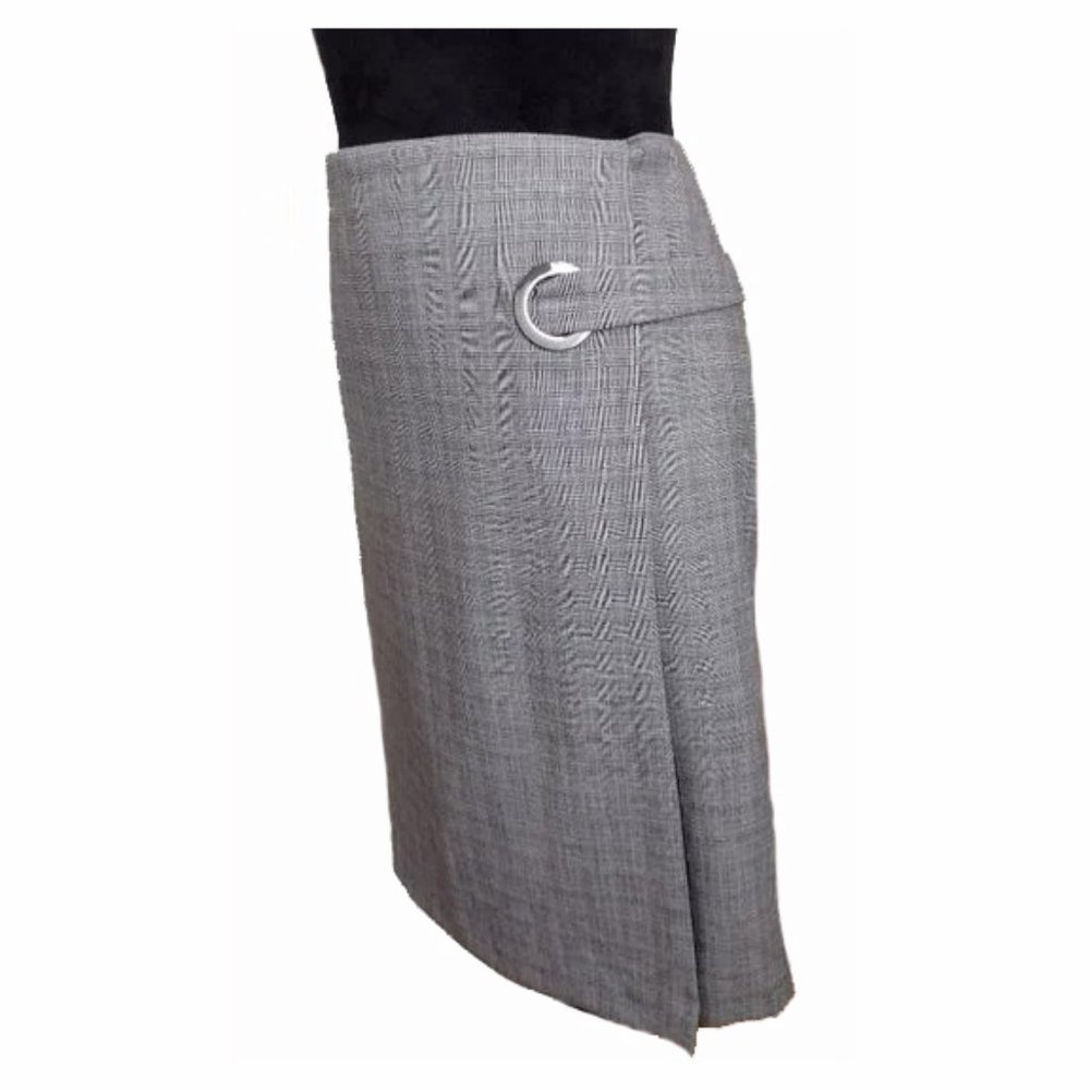 Calvin Klein Glen Plaid grey Pencil/Wrap skirt knee length metal w ring accent.